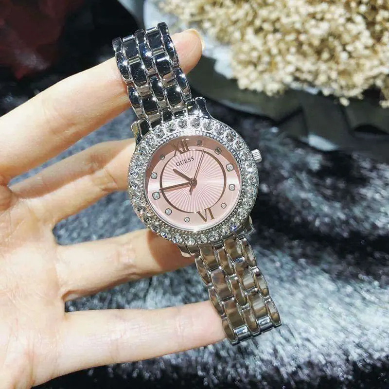 Guess Rhinestone-embellished Pink Dial Ladies Watch- W1062L2